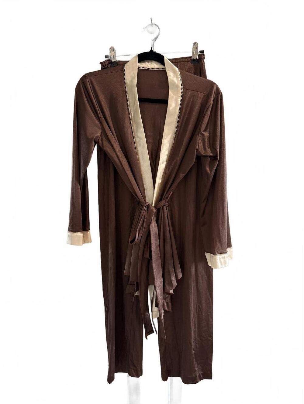 Vintage Women’s Brown Satin Trim Robe & Lounge Pant Set 2 Piece Sleepwear Set
